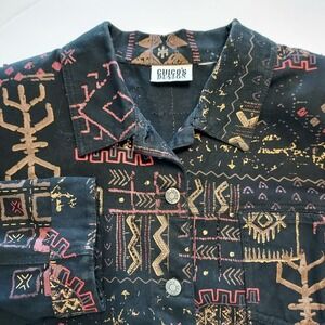 Vtg Chico's 2 Black Denim Beaded Boho Tribal Aztec Indie Abstract Art Jacket